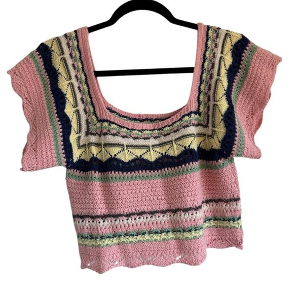 POL Tops - POL Openwork Ethnic Pattern Square Neck Cropped Knit Top Size Small